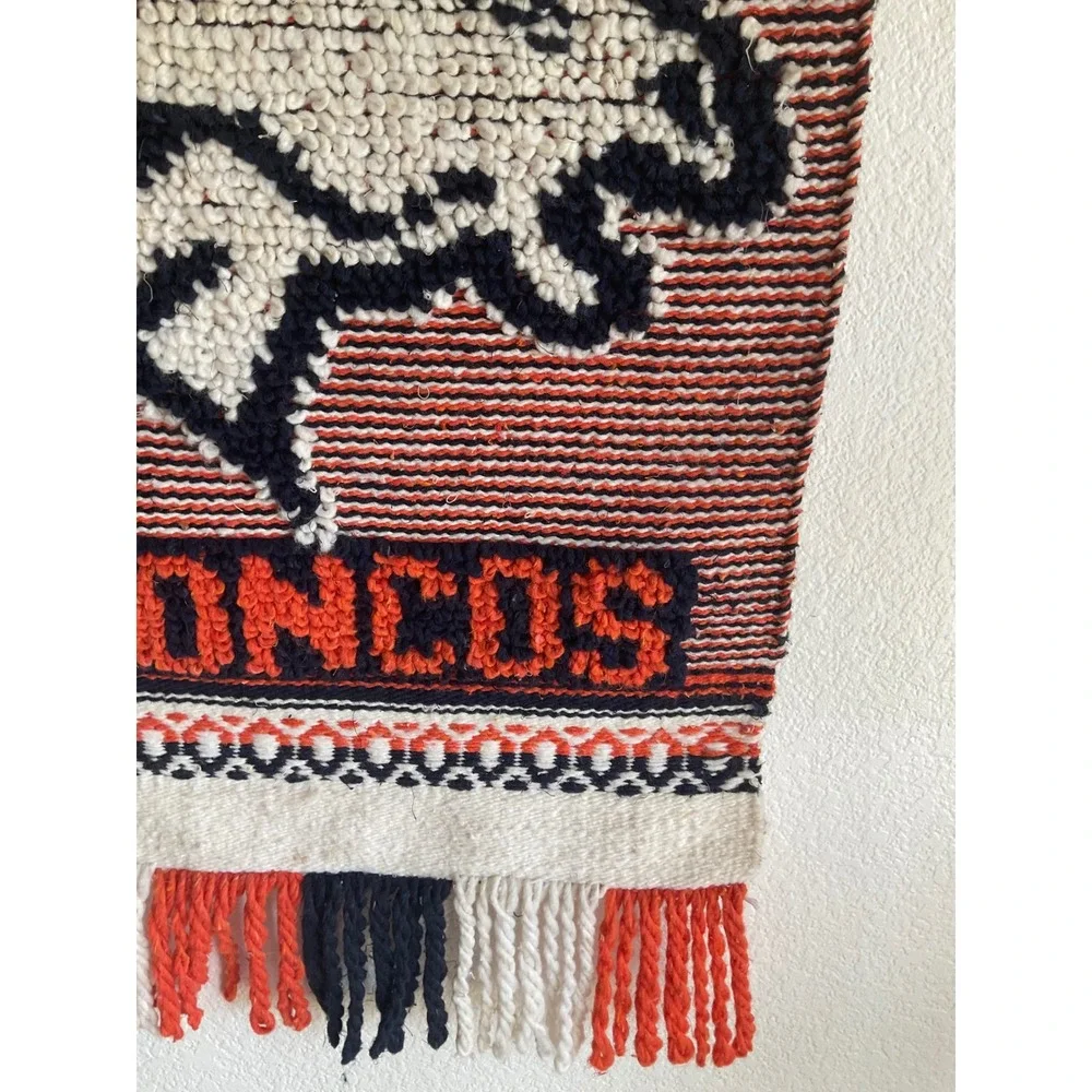 Vintage Denver Broncos Woven Wall Hanging Textile Art Orange‎ Blue Fringe NFL